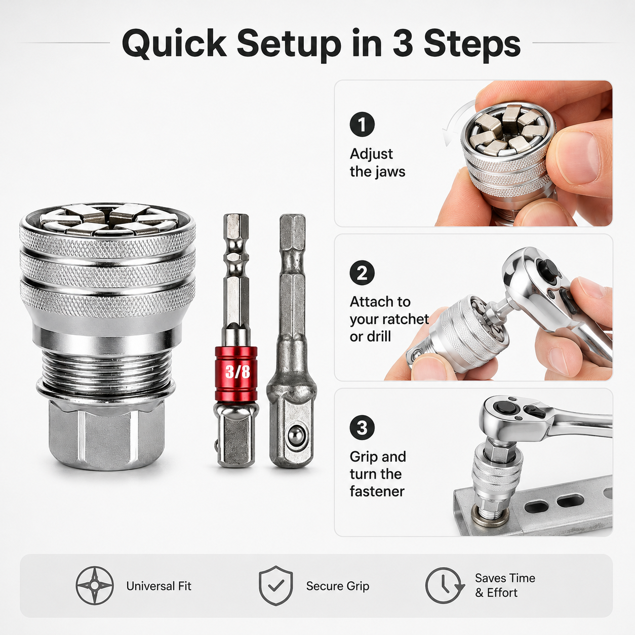 Universal Socket Wrench Tool for 3/8 in Drive Ratchet & Power Drill