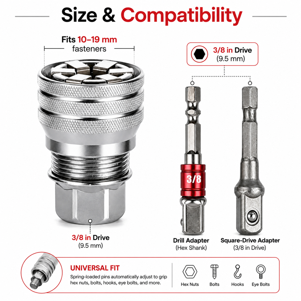 Universal Socket Wrench Tool for 3/8 in Drive Ratchet & Power Drill