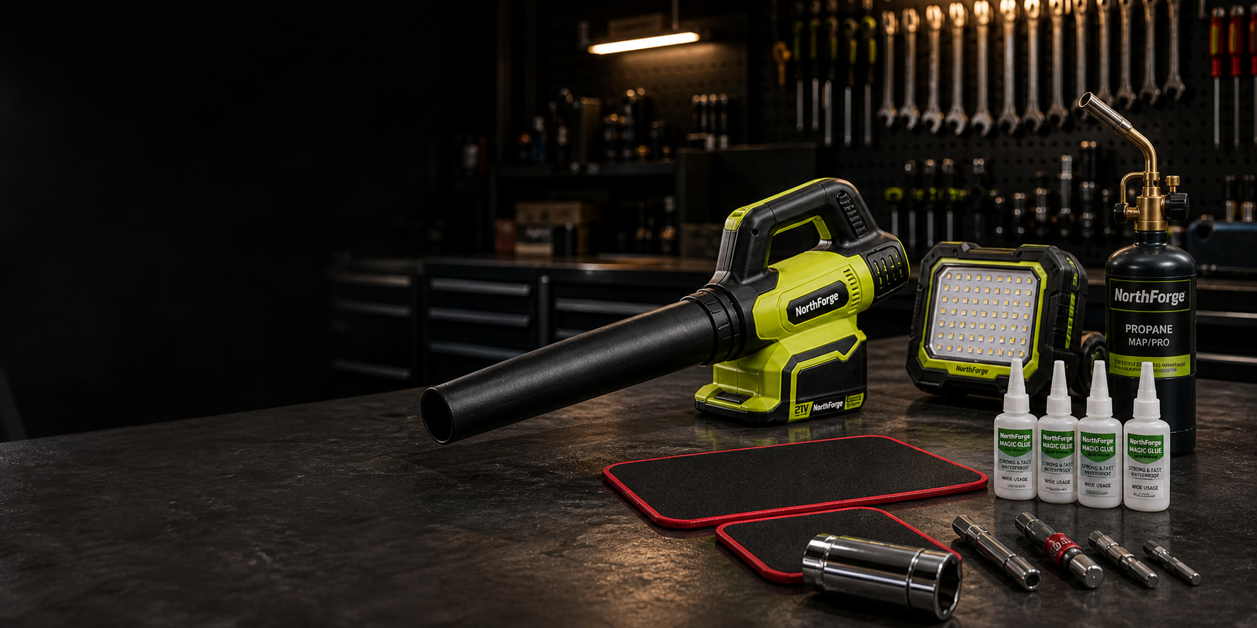 NorthForge tools on a professional garage workbench